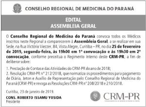 CRM-PR convoca mdicos inscritos para Assembleia Geral de prestao de contas 2018